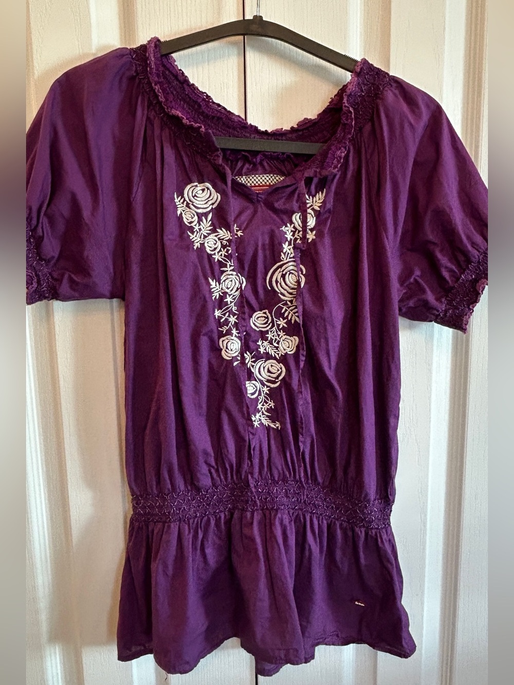 Lee Cooper Blue Diamond Purple Embroidered Peasant Blouse Size L EUC